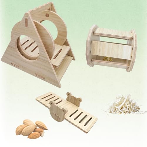 Poplar Wood Hamster Toys Set: Triangle Swing, Frog Seesaw & Bell Roller - Chewable Cage Decor for Dwarf/Syrian Hamsters, Gerbils, Mice (秋千、响铃、跷跷板、)