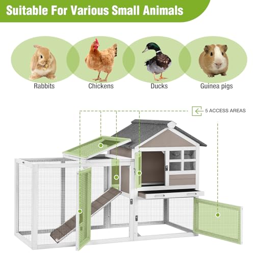 Outdoor Rabbit Hutch with Run, 2-Tier Fir Wood Bunny Cage, Waterproof Roof, Pull-Out Tray, Secure Latches, 51.6 x 20.8 x 36.2 in, Brown - color: Brown, size: 51.6"L x 20.8"W x 36.2"H