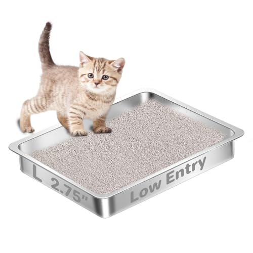 Low Entry Stainless Steel Cat Litter Box for Senior Cats, Metal Shallow Litter Box, Easy Access Kitty Litter Pan Tray, Pet Bathroom Accessories-17.72''Lx 13.78'' W x2.76'' H - color: 17.72''Lx 13.78'' W x2.76'' H