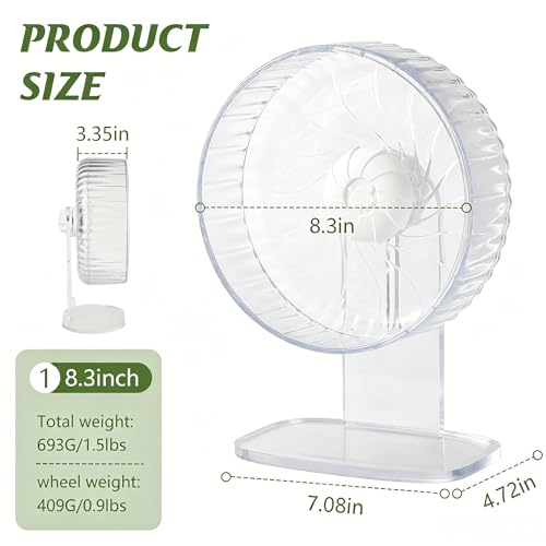 Silent Hamster Wheel, 8.3 Inch Clear Wheel for Dwarf Hamsters | Quiet clear wheel with adjustable stand and anti-slip track, sized for dwarf hamsters, mice, and other small pets. - size: 8.3"