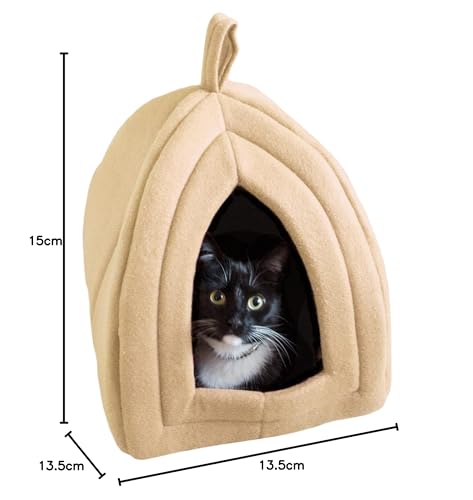 Cat House - Indoor Bed with Removable Foam Cushion - Pet Tent for Puppies, Rabbits, Guinea Pigs, Hedgehogs, and Other Small Animals by PETMAKER (Tan) | Plush Cat Tent Bed for Small Kittens, Rabbits, Guinea Pigs, and Other Small Animals, Comfortable Cozy P