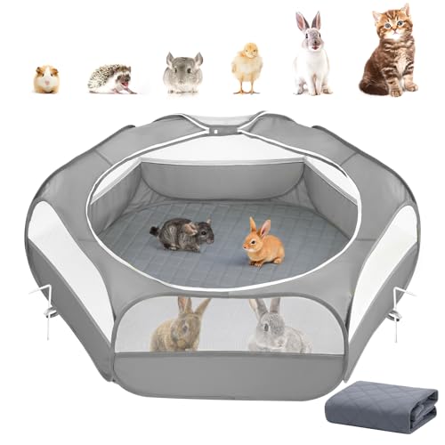 Pawaboo 2-in-1 Small Animals Playpen with Pad, Gray+Gray | Waterproof, Reusable Pad, Portable Outdoor Yard Fence with 3 Metal Rod, For Chick/Kitten/Guinea Pig/Rabbits/Chinchillas - color: U-Gray+Gray