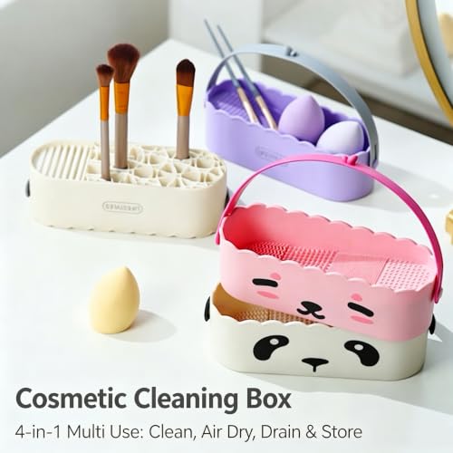 Makeup Brush Cleaner Mat Upgraded 4 in 1 Silicone Makeup Brush Cleaner Bowl Cosmetic Brushes Cleaning Tool Organizer for Storage and Air Drying (Purple)