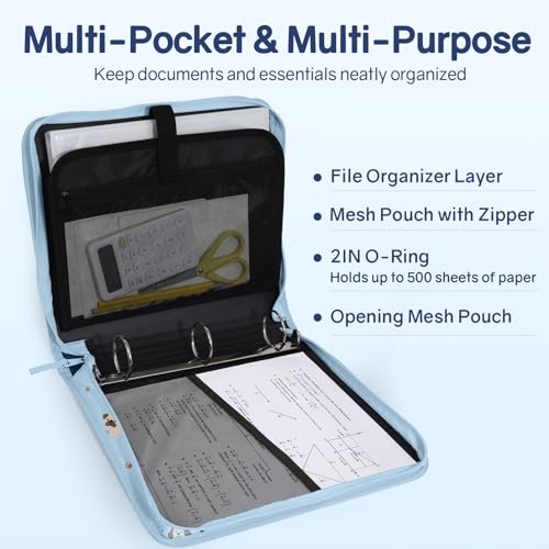 SUNEE Zippered Binder Bag with Handle, 2-Inch 3-Ring O-Ring, 500-Sheet Capacity, Includes Zip Pocket, 5-Tab Expanding File Folder, Multi-Pocket Organizer Binder for Middle School, Blue Dog - color: Blue Dog