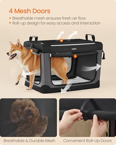 Feandrea Collapsible Dog Crate, Portable Travel Crate, 30-Inch | Oxford Fabric Pet Carrier with 4 Mesh Doors, Handles, Storage Pocket, Water Bottle Holder, UPDC017B01 - size: L（30"L x 21"W x 21"H)
