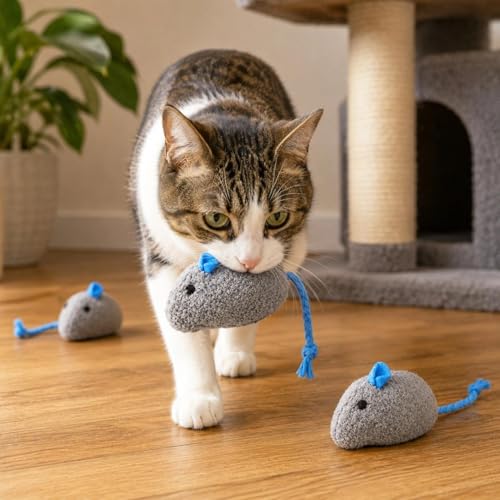 LUOZZY 5pcs Plush Mouse Cat Toys Gray Mice with Blue Tails for Kittens | Soft Mouse Shapes with Blue Tails Encourage Pouncing and Batting, Five-Piece Set for Indoor Cats, Kittens, and Play Areas