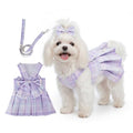 Cute Plaid Dog Dress Clothes for Small Dogs Cats Girl Purple Plaid Dog Dress with Pearls Bow Tie Harness Leash for Spring Summer Birthday Puppy Bunny Rabbit Yorkies Chihuahua Outfits - size: S