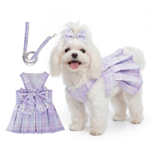 Cute Plaid Dog Dress Clothes for Small Dogs Cats Girl Purple Plaid Dog Dress with Pearls Bow Tie Harness Leash for Spring Summer Birthday Puppy Bunny Rabbit Yorkies Chihuahua Outfits - size: S