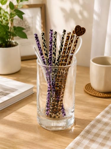 10PCS Set Leopard Straw Cheetah Animal Straws Hard Plastic Reusable Straw and Cleaning Brush Heart Silicone Straw Toppers with Leopard Print Summer Party Supplies (Purple) - color: Purple
