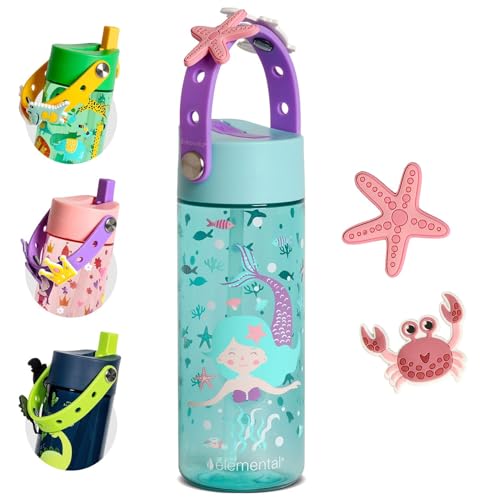 Elemental Water Bottles for Kids - Splash Kids Water Bottle for School with Fun Charm Handle - BPA Free Tritan Plastic Bottle with Straw Leak Proof When Spout is Closed - 18oz - Mermaid - color: Mermaid