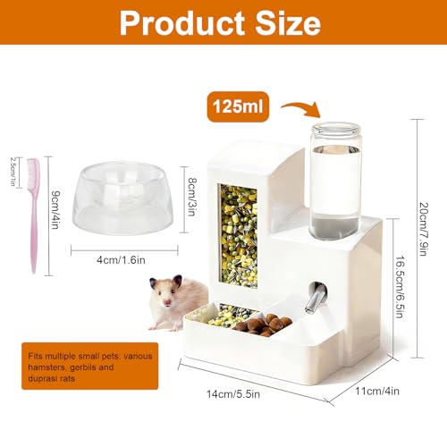 3-in-1 Hamster Feeder, 125ml Water Bottle & Feeding Bowl, White | 3-in-1 Multifunctional Small Animal Dispenser, Stable Feeding Set, Ideal for Hamsters, Mice, Rats, Gerbils & Small Rodents