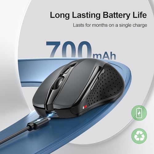 TECKNET Wireless Mouse Rechargeable, 2.4G Computer Mice with USB-A Receiver | 2.4G Connection, 800mAh Battery, 3X Faster Charging, Silent Click, 6-Level 4800 DPI, Ergonomic Design for All-day Comfort - color: Grey