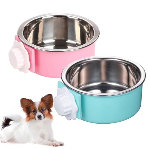 kathson Crate Dog Bowl, Removable Stainless Steel Hanging Pet Cage Bowl Food & Water Feeder Coop Cup for Cat, Puppy, Birds, Rats, Guinea Pigs (2 PCS, Size: M, Blue and Pink) - color: Size: M (Blue, Pink), size: 2 PCS