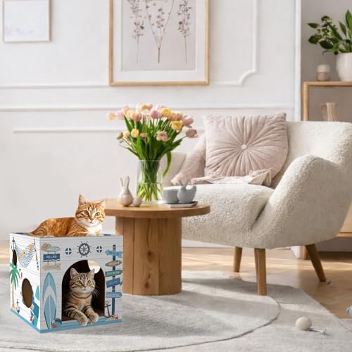 Cinrobiye Cardboard Cat House with 2 Pcs Scratching Pad，Pet Hideaway Cave Board Bed Playhouse Condo Box Decor Small Animals Scratcher Bed for Indoor Cats Kittens Rabbits Bunny - color: Blue