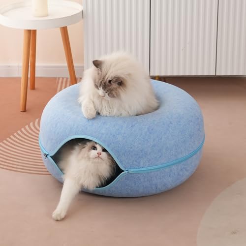 Large Cat Tunnel Bed for Indoor Cats with 3 Toys, Scratch Resistant Donut Cat Bed, Up to 30 Lbs (L 24x24x11, Blue) - color: Blue