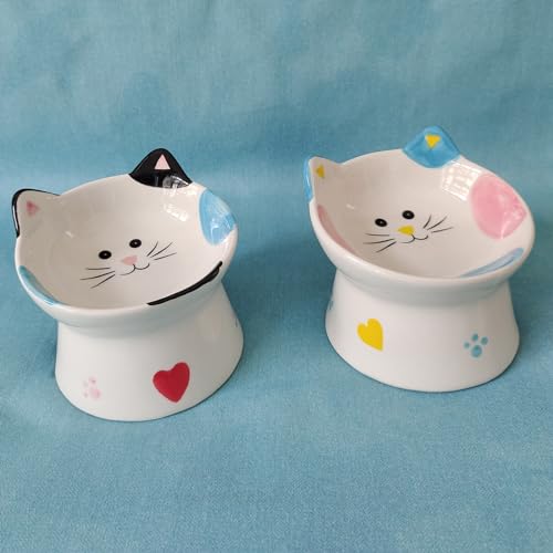 Cute Ceramic Raised Cat Bowls Elevated Design, 15° Tilted FeederProtect Cat's Spine Anti Vomiting Blow for Flat Faced Cats, Kitten Small Dogs,Raise Tilted Cat Food Bowld Pet Dishes(Black) - color: Black