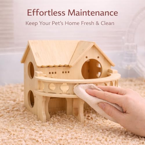Improved Safety Large Balcony Small & Cute Wooden Hamster House with Large Balcony – Double-Decker Forest-Style Hut for Dwarf Hamsters, Mice, Gerbils, Rats & Small Pets (Compact Size Only)
