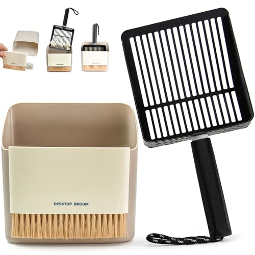 Cat Litter Scoop with Holder, Stainless Steel, Non-Slip Handle | Stainless steel litter scoop with holder captures clumps fast and includes a mini broom and dustpan for easy cleanup - color: Black