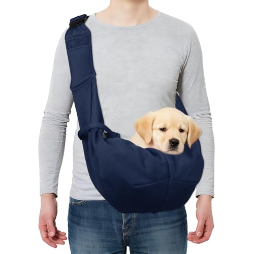 Dog and Cat Sling Carrier Up to 16.5 Lbs, Hand-Free Reversible Pet Sling Carrier with Adjustable Strap and Pocket, (Dark Blue, 1 Pcs) Intended for Hiking/Camping/Traveling - color: Dark Blue