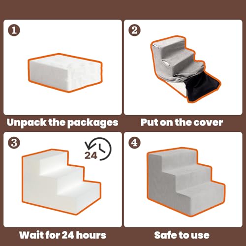 MEWANG Dog Stairs for Small Dogs, Medium Dogs & Old Cats – 4-Step Pet Ramp with High-Density Foam for Bed and Couch, Non-Slip Bottom, Washable Cover, Grey (23.9" L x 14.9" W x 18.2" H)