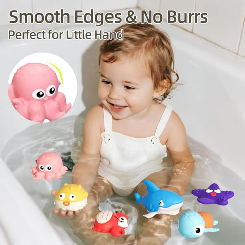 Tovol Zerky No Hole Baby Bath Toys for Kids 6-12M, Marine Animal Bathtub Toys for Toddlers 6+ Months with Sealed Design, 6 Pcs Sea Animal Float in Water Pool Toys for Boy Girl Birthday Gifts