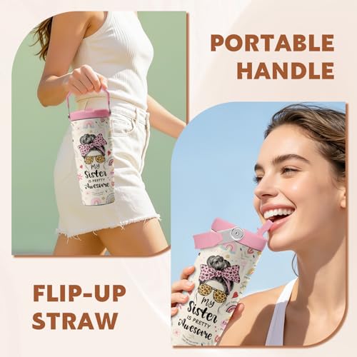 Sister 28 oz Tumbler, with Handle Lid Straw, Stainless Steel Cup | 28oz Insulated Tumbler, My Sister Is Pretty Awesome Travel Water Bottle, Thanksgiving Christmas Birthday Gift for WomenFamily - color: Sister