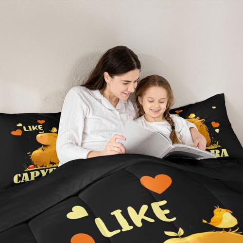 Capybaras Bedding Set Gift For Girls Boys Kids Animals Lovers, Cute Capybara Comforter Set Twin Cartoon Rodent Animal Quilted Duvet Love Heart Birds Design Duvet Insert Kawaii Bedroom Decor, Black - color: Multi 07, size: Twin