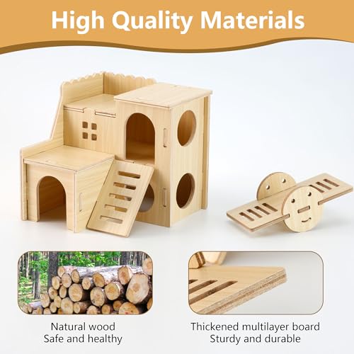 Wooden Hamster Hideout Cage Accessories, Guinea Pig House and Seesaw | Double-Decker Hide Hut with Slide, Hamster Chew Toys for Pet Rats, Hamster Platform for Dwarf Gerbils, Two-Story