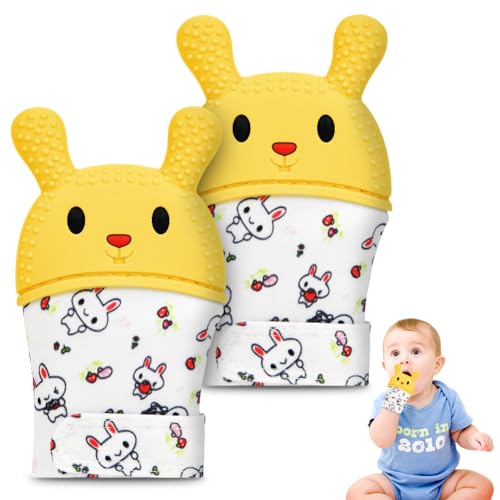 2Pack Silicone Teething Mitt, Rabbit Baby Teething Toy for 0-6 6-12 Months, Food Grade Silicone Infant Teething Mitten, BPA-Free Baby Chew Toys for Pain Relief, Sucking Needs - color: Yellow Rabbit