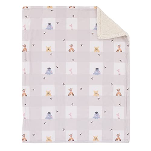 Disney Winnie The Pooh Hugs and Honeycombs Grey and White Plaid with Piglet, Tigger and Eeyore Super Soft Sherpa Baby Blanket - color: Winnie the Pooh - Hugs and Honeycombs