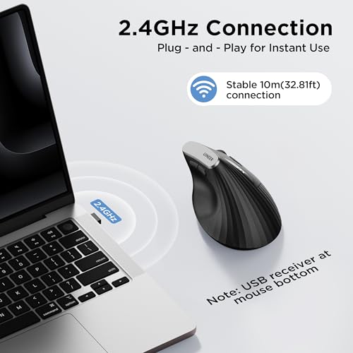 Uineer Ergonomic Vertical Mouse, 2.4G Wireless Mouse, Rechargeable, 4-DPI | Right-handed vertical design with 2.4G USB-A connection, rechargeable battery and visible battery level. - color: Black
