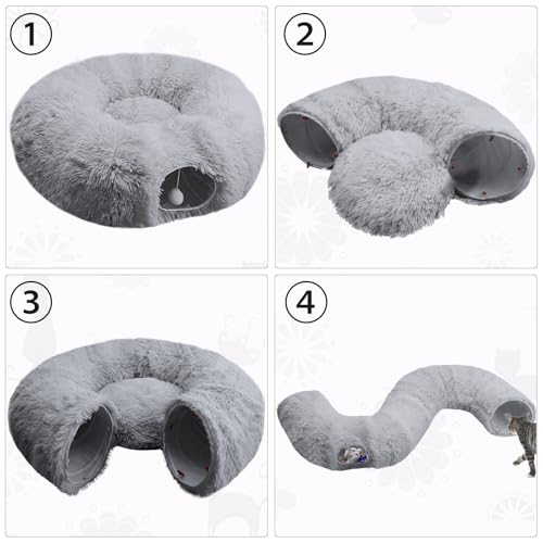 Indoor Cat Tunnel Bed with Central Mat, Under Christmas Tree Soft Fluffy Plush Collapsible Multi-Combinations Cat Donut Bed for Cats, Rabbits, Ferrets, Small Animalls(Gray) - color: Grey