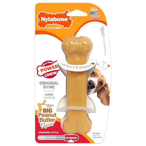 Nylabone Power Chew Classic Bone Chew Toy for Dogs, Durable Dog Toys for Aggressive Chewers, Peanut Butter Flavor, Medium/Wolf - Up to 35 lbs. (1 Count) | Durable chew toys, long lasting, flavor throughout, discourages destructive chewing, keeps dogs busy