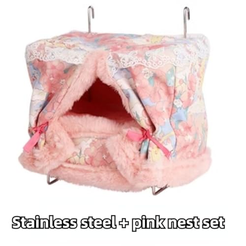 Rat Hammock for Cage Chew Proof Rat Toys Warm Bed, Small Animal Hanging Stainless Steel Basket Ferret Cage Accessories and Habitats Removable Nest Mat for Hamster, Sugar Glider, Hedgehog (Pink) - color: Pink