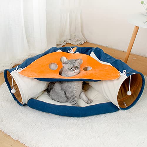 LEFTSTARER 2-in-1 Collapsible Cat Tunnel for Indoor Bed and Hideout - Pet Dog Rabbit Bunny Ferret Tunnel Tubes Toys with Removable Washable Mat, Tower Wheel Stuff - color: 4.Cat Paw Print Blue