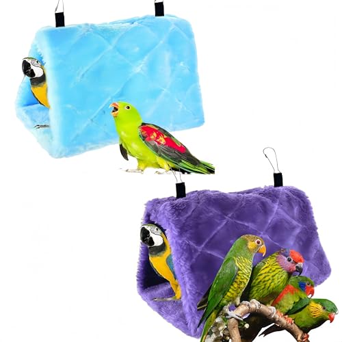2 Pack Warm Bird Nest House Bed Hanging Hammock Plush Hanging Snuggle Cave Sleeping Bed Happy Hut for Parrot Parakeet Cockatiel Conure Cockatoo African Grey Macaw (Blue&Purple) - color: Blue and Purple