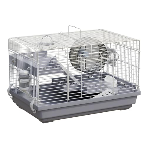 Dwarf Hamster Cage Starter Kit 19x12x12in for Dwarf Hamsters Robo Hamsters | Multilevel Dwarf Hamster Cage with Silent Wheel Ø6", 2 Platforms, 2 Tube Ports, Ladders, Water Bottle, Food Bowl - color: Gray