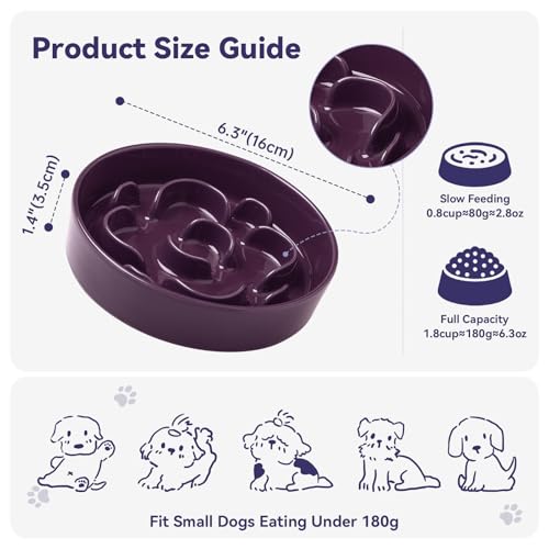 Ceramic Slow Feeder Dog Bowl, 0.8 Cups Anti -Slip Slow Feeding Bowl to Slow Down Eating, 6.3 Inch Dog Food Dish for Small Breeds, Purple - color: Purple, size: Small