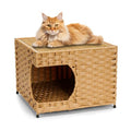 Cat House for Indoor Cats - Wicker Cat Bed with Double-Sided Soft Cushion, Decorative Handwoven Pet Bed Furniture