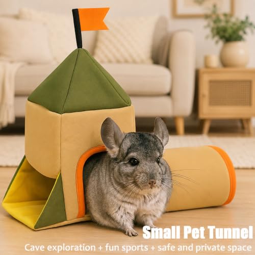Guinea Pig Hideout and Toys, Castle Theme Small Pet Tunnel and Bed with Flag for Bunny Rabbit Ferret Hamster Chinchilla Hedgehog Hiding and Resting, 17.3in Long(Khaki)