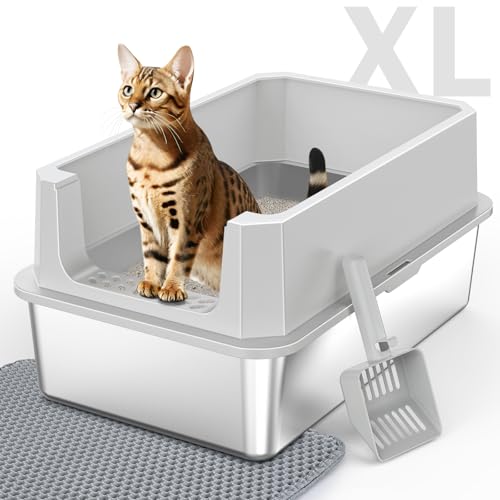 Stainless Steel Litter Box, Extra Large Litter Boxes for Big Cats, XLarge Metal Cat Litter Box with Lid, Anti-Urine Leakage XL Box with High Sides, Easy Clean, Non-Sticky, Scoop Included - color: Silver Grey, size: XL