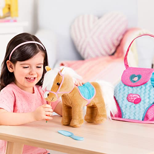 Pucci Pups Pucci Pals Plush Horse Carrier Set, Beige Horse Purse, Pet | Beige plush horse with white mane and tail, blue saddle, pink and blue carrier bag, carrot and comb for play, Pet, 2+ Years - style: Horse - Blue & Pink Bag