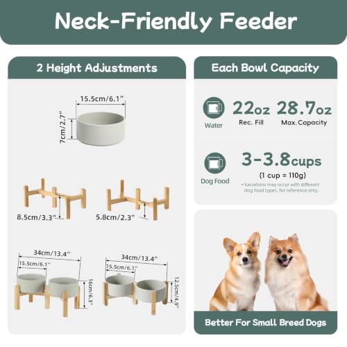 Havniva Dog Bowls Elevated, Ceramic Dog Food and Water Bowl Set | 6.1” Raised Dog Food Bowl, Elevated Dog Bowls with Bamboo Stand, Non-Slip Dog Water Bowl for Small Dog, Large Capacity - color: Matte Gray, size: 6.1" - 2 Bowls+Stand
