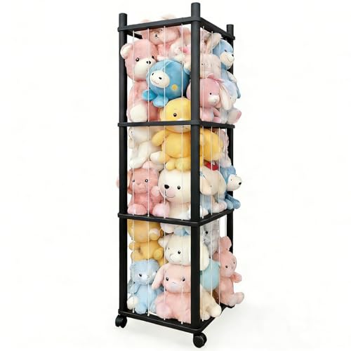 Stuffed Animal Zoo Storage with Lockable Wheels, Black | Sturdy Solid Wood Toy Organizer, Large Capacity Plush Toy Cage, Space-Saving for Toddler/Playrooms/Bedrooms - color: Black