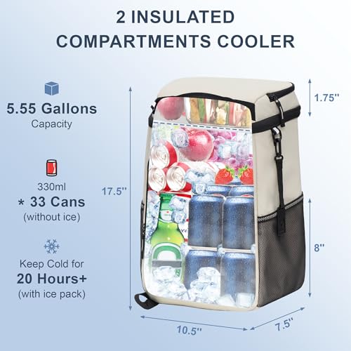 SPARTER Backpack Cooler Insulated Leak Proof 33/49 Cans, 2 Insulated Compartments Thermal Bag, Portable Lightweight Beach Travel Camping Lunch Backpack for Men and Women - color: Brown, size: 33 Can