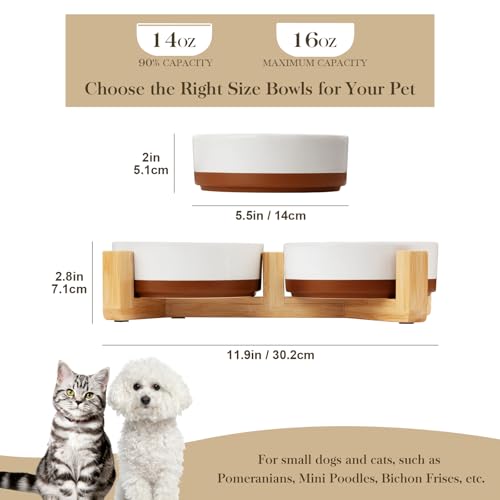 MALACASA Ceramic Dog Bowls Small Size Dog with Wood Stand, 1.5-Cup Ceramic Puppy Bowls for Cats & Small Dogs, Dual Food and Water Bowls with Weighted Non-Slip Base, Glaze Matte,14 Oz - color: Vanilla White（2 PCS with Stand）, size: S-1.5 Cups
