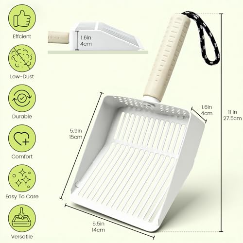 Cat Litter Scoop with Holder, Stainless Steel, Non-Slip Handle | Stainless steel litter scoop with holder captures clumps fast and includes a mini broom and dustpan for easy cleanup - color: White