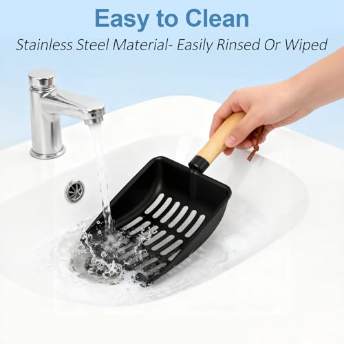 Cat Litter Scoop, Metal Litter Scoop, Short | Heavy Duty Metal Cat Scooper for Litter Box, Black Sifter Scoop for Pellets, Wooden Handle Scoop with Hole, Kitty Necessity - size: Cat Litter Scoop Short