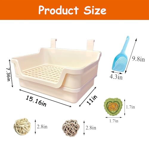 Extra Large Rabbit Litter Box with Splash Guard & Removable Tray - Double Layer Small Animal Cage Toilet for Guinea Pigs, Chinchillas, Ferrets - Chew-Proof Plastic + 2 Hooks (15.7" Jumbo, Beige) - color: Beige（With the ball）