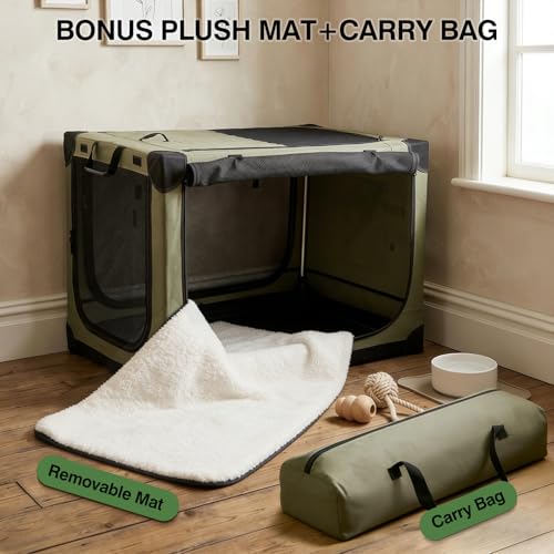 Veraste 33" L x 25" W x 25" H Collapsible Travel Dog Crate, Portable Soft Dog Kennel for Medium Large Dogs up to 60 lbs, 4-Door Foldable Travel Crate with Durable Mesh & Storage BagGreen | 4-Door Foldable Travel Crate,breathable mesh, foldable with storag